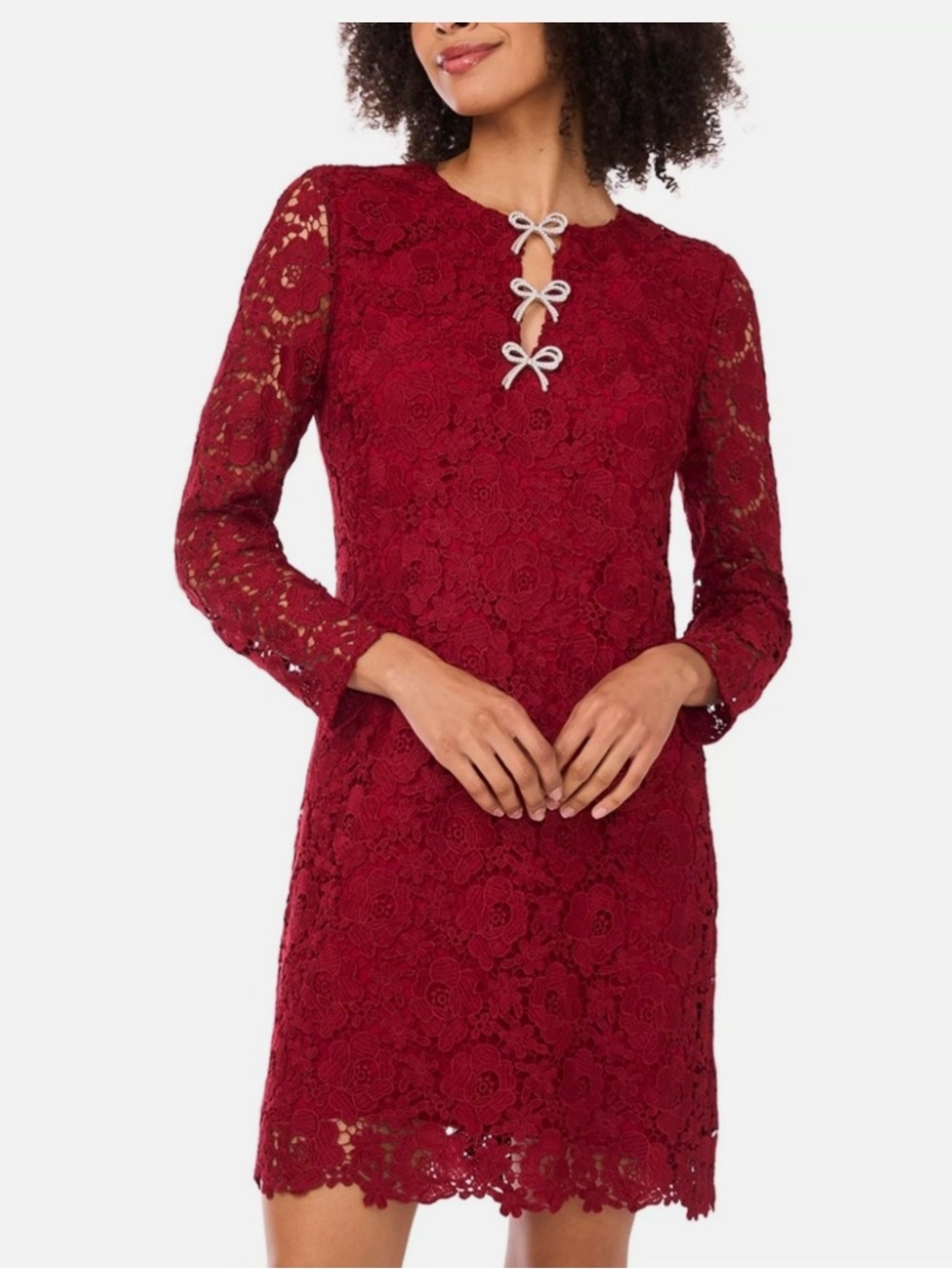 CeCe Mulberry Red Lace Dress with Bow Accents